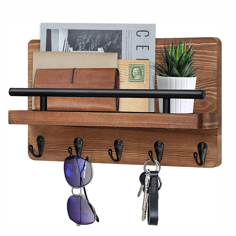 Wooden Wall Mounted Key Mail Holder Rack Mail Storage Organizer with 5Key Hooks and a Floating Shelf