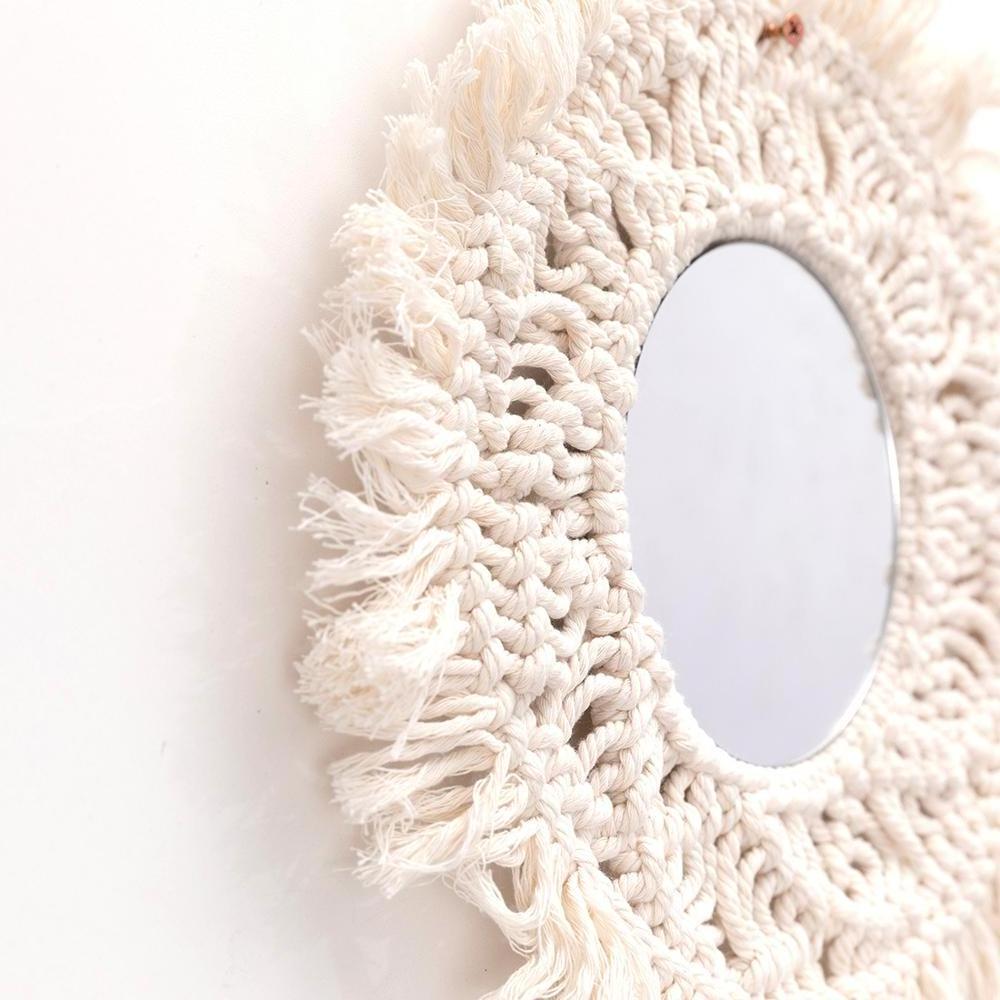 Beautiful Boho Chic Antique Mirror Wall Hanging round Hand-Woven Macrame Fringe Modern Art Style Home Decor