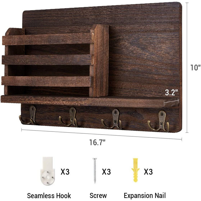 Wall Mounted Mail Holder Wooden Key Holder Rack Mail Sorter Organizer with 4 Key Hooks and Floating Shelf Rustic Home Decor