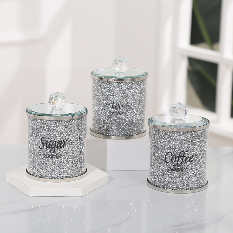 Set of 3 Luxury Diamond Sparky Glass Canisters Crushed Diamonds Design for Sugar Coffee Tea Storage Food Container