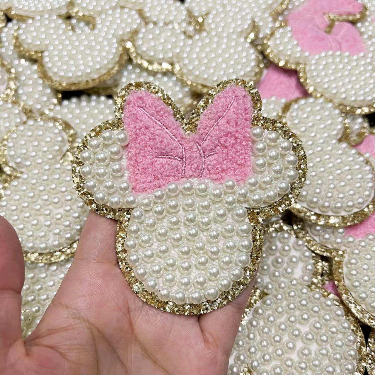 New arrival Gorgeous Mickey Minnie Mouse Head Glitter Border Full Pearl Beading Adhesive Patch