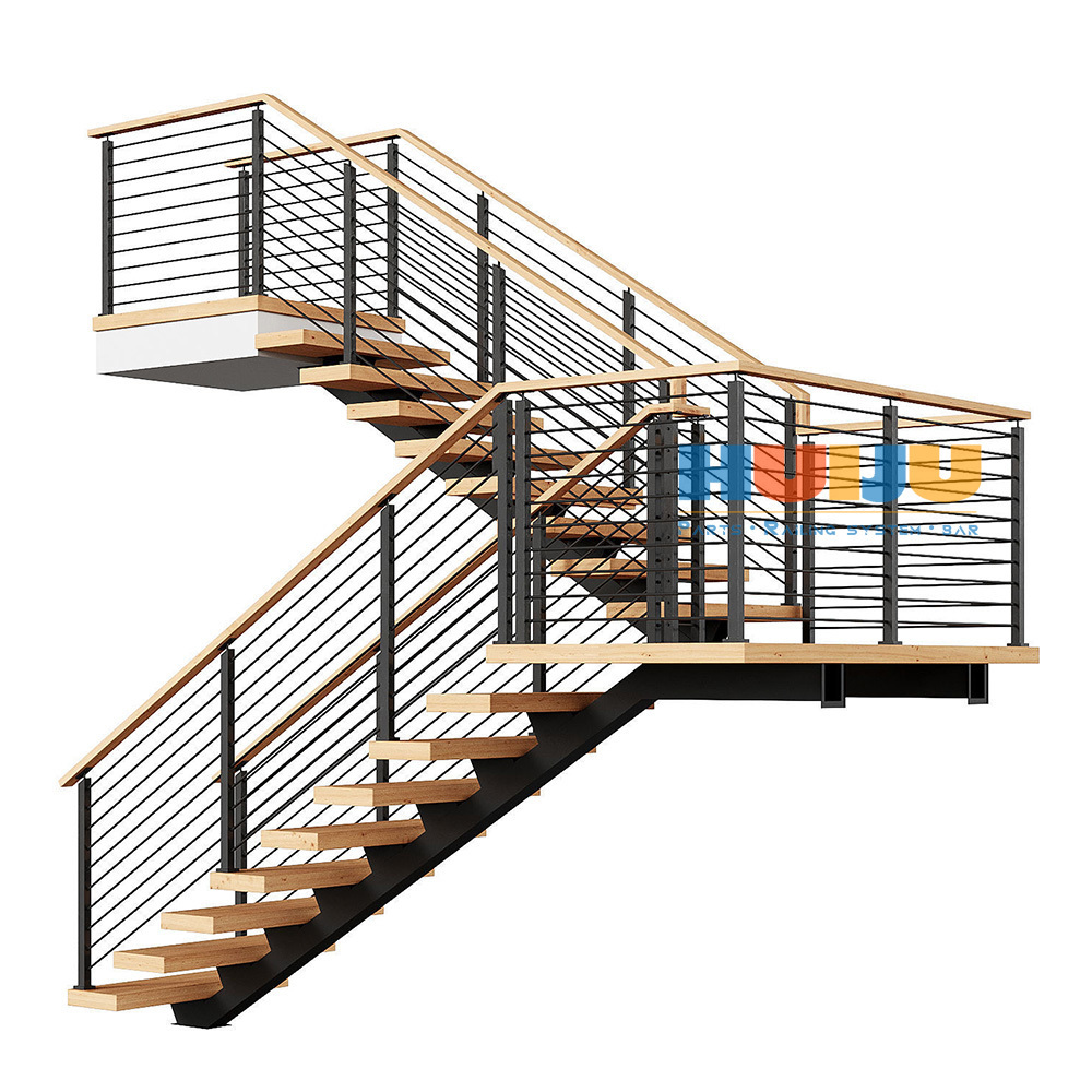 HJ  Visible Mono Stringer Wooden Treads Steps Floating Staircase Cable Railing Floating Stairs with LED Light