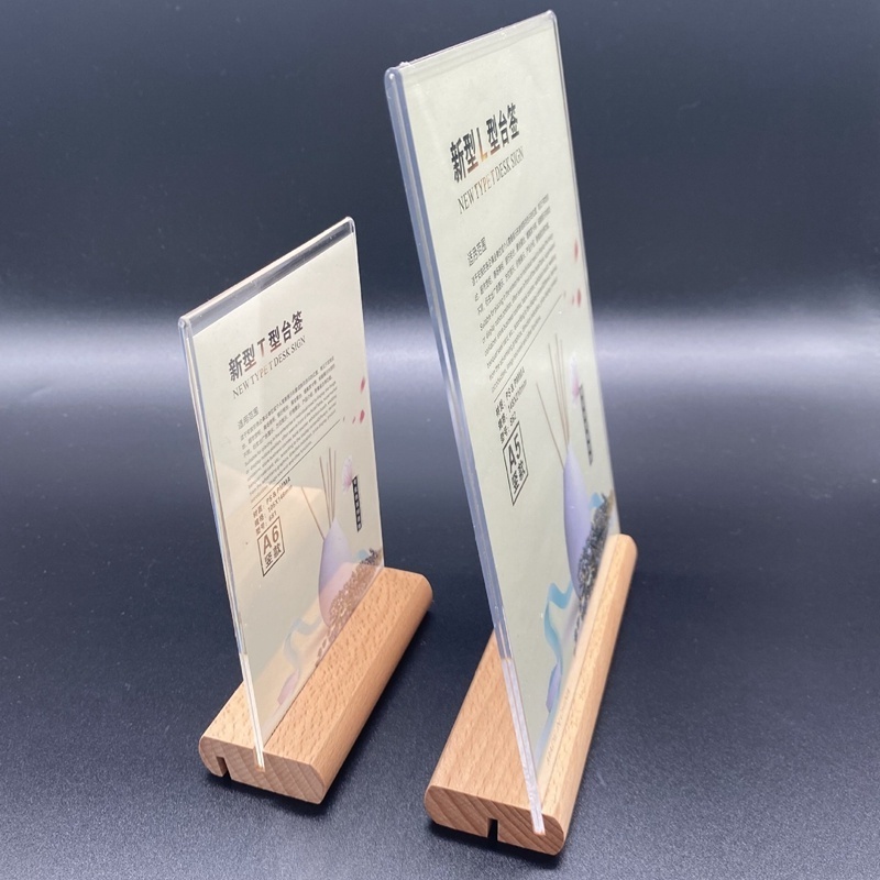 Acrylic Sign Holder 5 x 7 Inch Clear Sign Holder Wooden Base Double-Side Table Menu T-Shaped Acrylic Display Stand