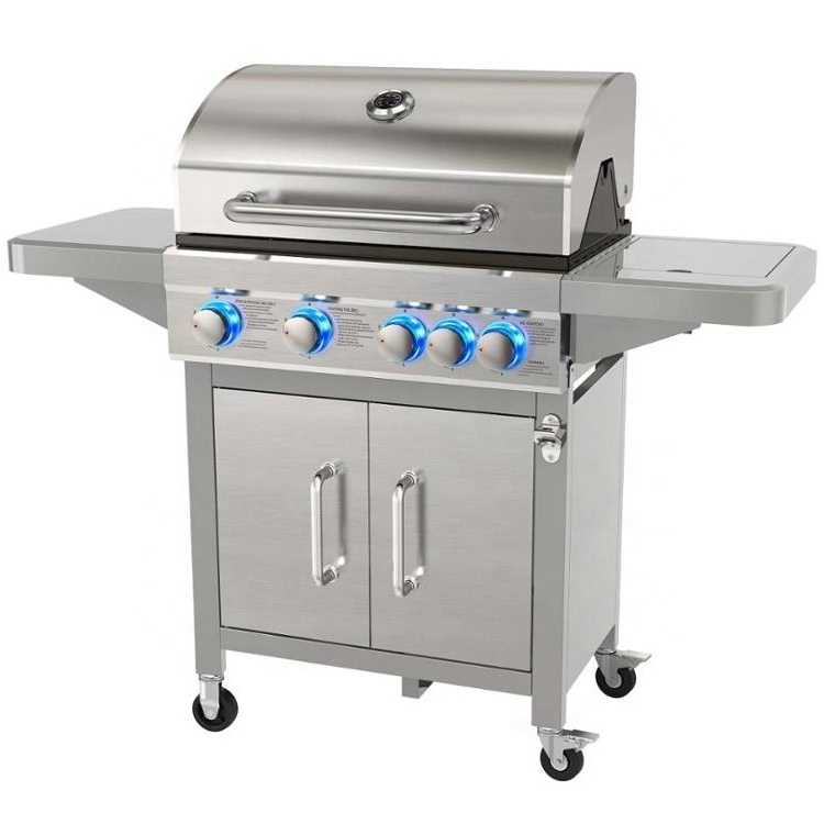 4 Burner Gas Grill with Side Burner with LED for Outdoor Steel PROPANE Folding Trolley BBQ Factory Directly Supply Gas Griddle