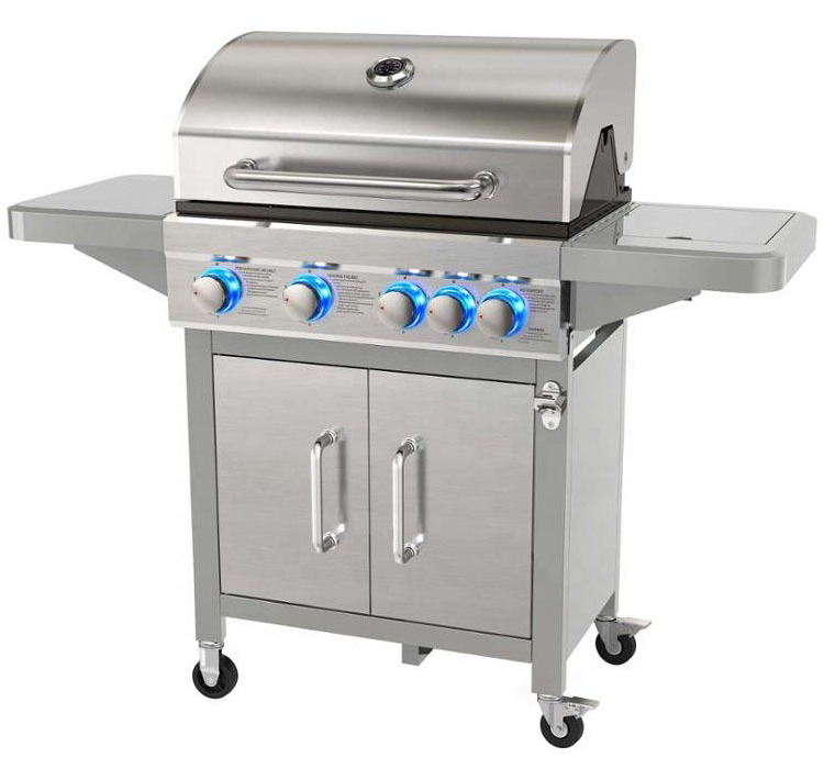 4 Burner Gas Grill with Side Burner with LED for Outdoor Steel PROPANE Folding Trolley BBQ Factory Directly Supply Gas Griddle