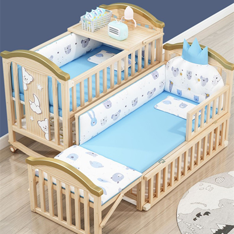 New Multifunctional Cute Pattern Design Solid Wood Baby Bed Baby Bedroom Furniture Adjustable Height Attachable Adult Bed