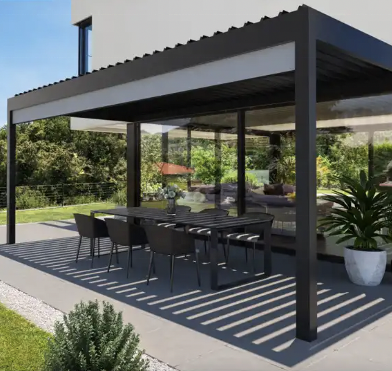 Smart luxury outdoor retractable motorized Aluminium bioclimatic Louvered Roof gazebo Hangfa pergola with Zipped Blinds