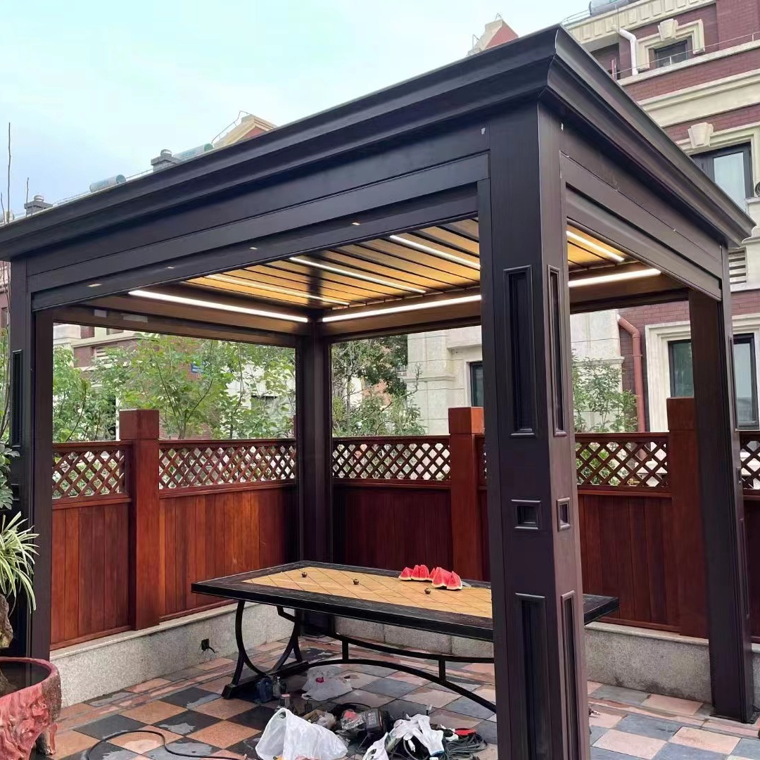 New design smart waterproof gazebo electric outdoor louvre roof aluminium motorized sun shade Hangfa pergola with solar panel