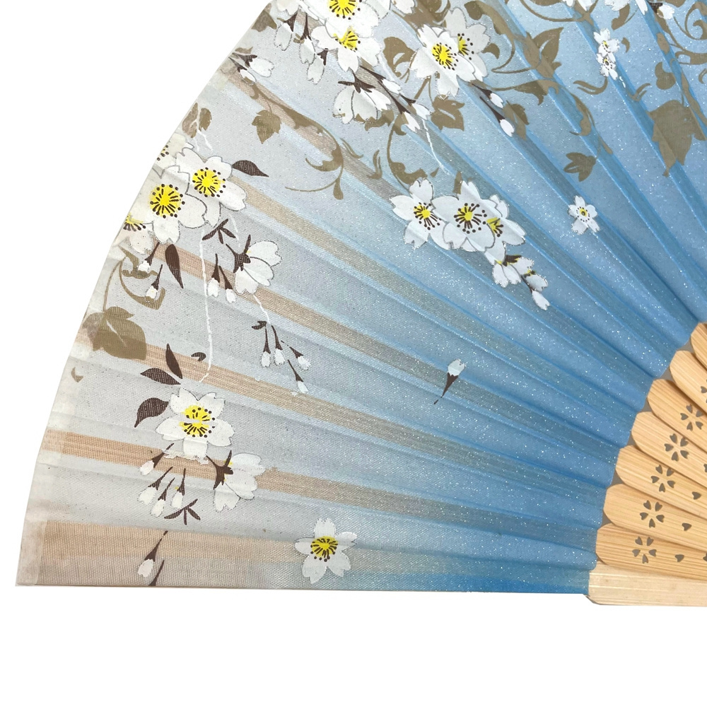 Blue Floral Fabric Lady Hand Fan Wedding gift Congratulation Hand Held Fan Beautiful Women Bamboo Folding Fans