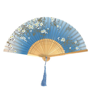 Blue Floral Fabric Lady Hand Fan Wedding gift Congratulation Hand Held Fan Beautiful Women Bamboo Folding Fans