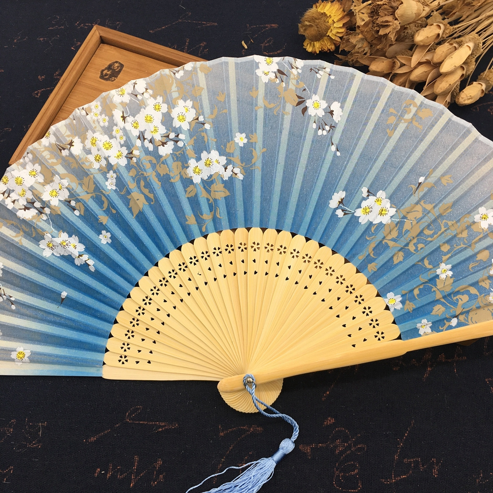 Blue Floral Fabric Lady Hand Fan Wedding gift Congratulation Hand Held Fan Beautiful Women Bamboo Folding Fans