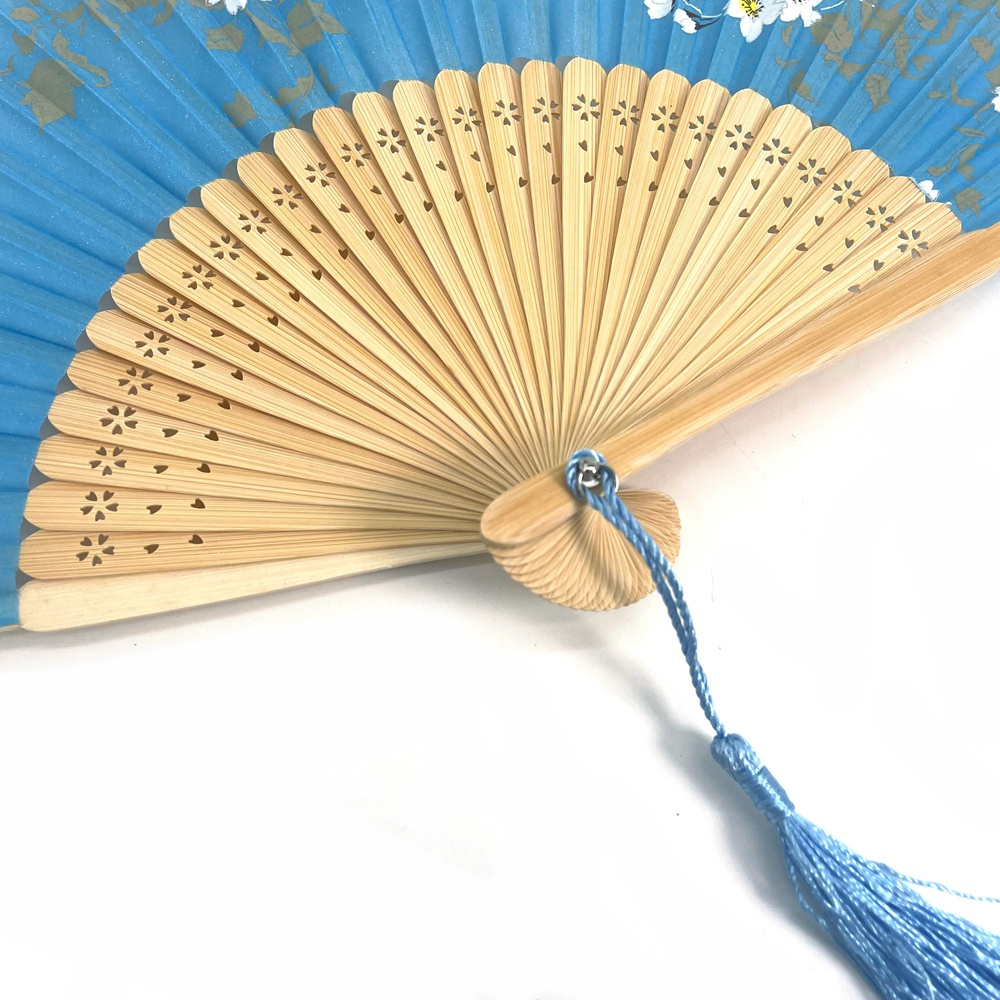 Blue Floral Fabric Lady Hand Fan Wedding gift Congratulation Hand Held Fan Beautiful Women Bamboo Folding Fans