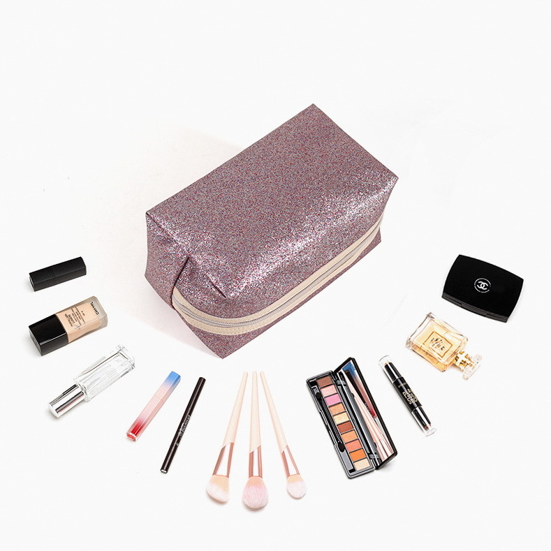 Fashion shiny pu leather zipper makeup lipstick pouch women bling beauty vanity bag rectangle travel glitter cosmetic bags cases