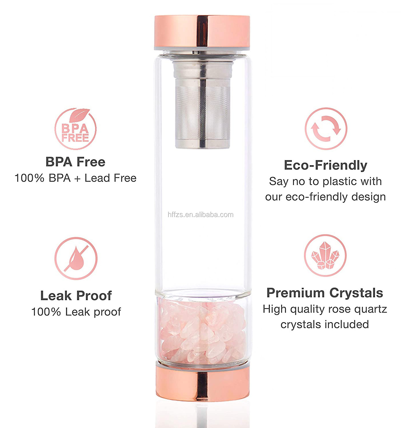 Custom Logo Natural Rose Quartz Crystal Healing Glass Water Bottles Rose Gold Drink Bottles Gifts For Women Mother