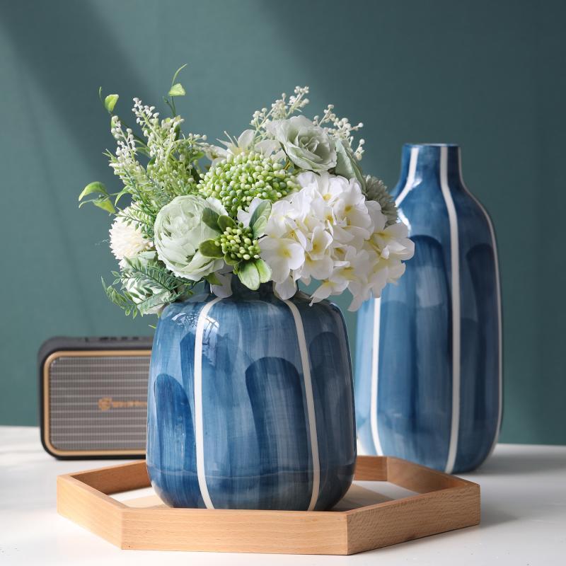 Customized Ceramic Vase With Straight Flowers Blue Hand Painted Creative Vases Home Desktop Decoration