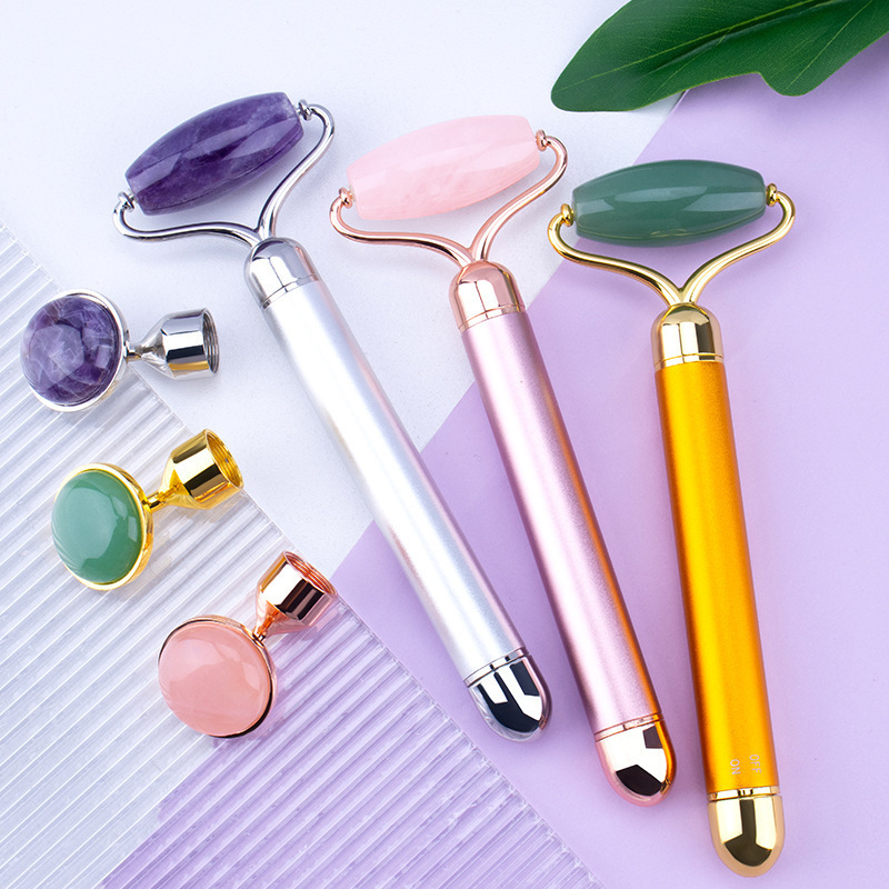 Natural Vibrating Crystal Facial Roller Anti Aging Face Massage Electric Rose Quartz Jade Roller Guasha Set