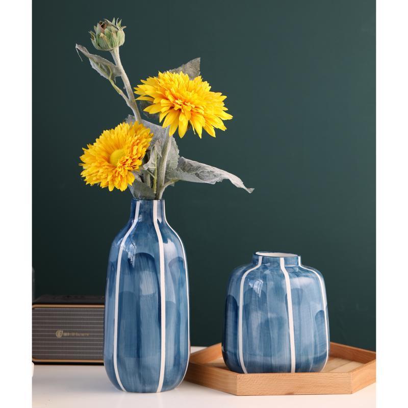 Customized Ceramic Vase With Straight Flowers Blue Hand Painted Creative Vases Home Desktop Decoration