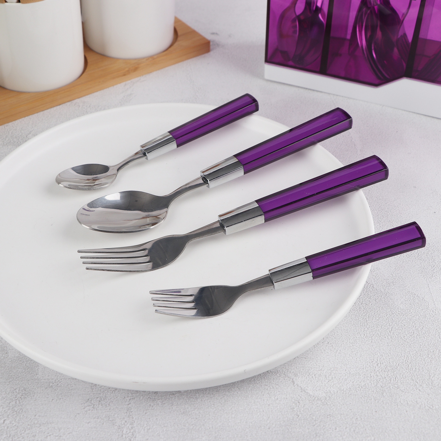 Korean  Purple 24 pcs Cutlery Plastic Handle Stainless Steel Cutlery Set with Cutlery Rack