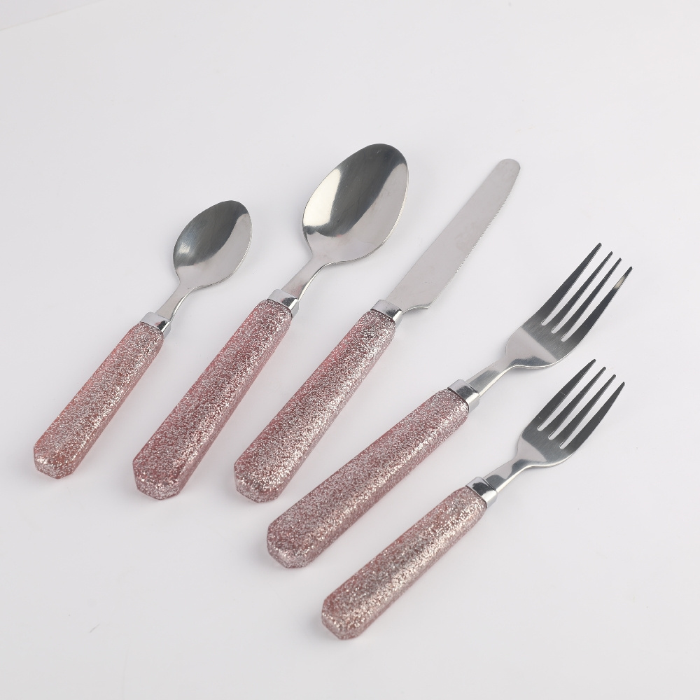 Pink Color Plastic Handle Cutlery Stainless Steel 5pcs Spoon Fork Knife Teaspoon Cutlery Set For Home