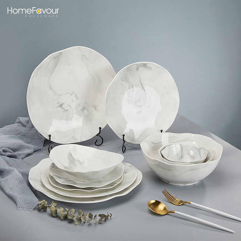 Home Marble Plate Dinnerware Set 20 /72 Pcs Irregular Round Oval Ceramics Tableware Dinner set