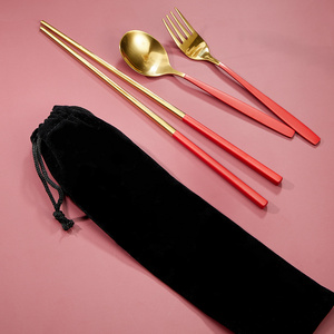 Stainless Steel Golden Square Head Chopsticks Sprayed With Red Matte Paint Spoon Fork Restaurant Chopstick