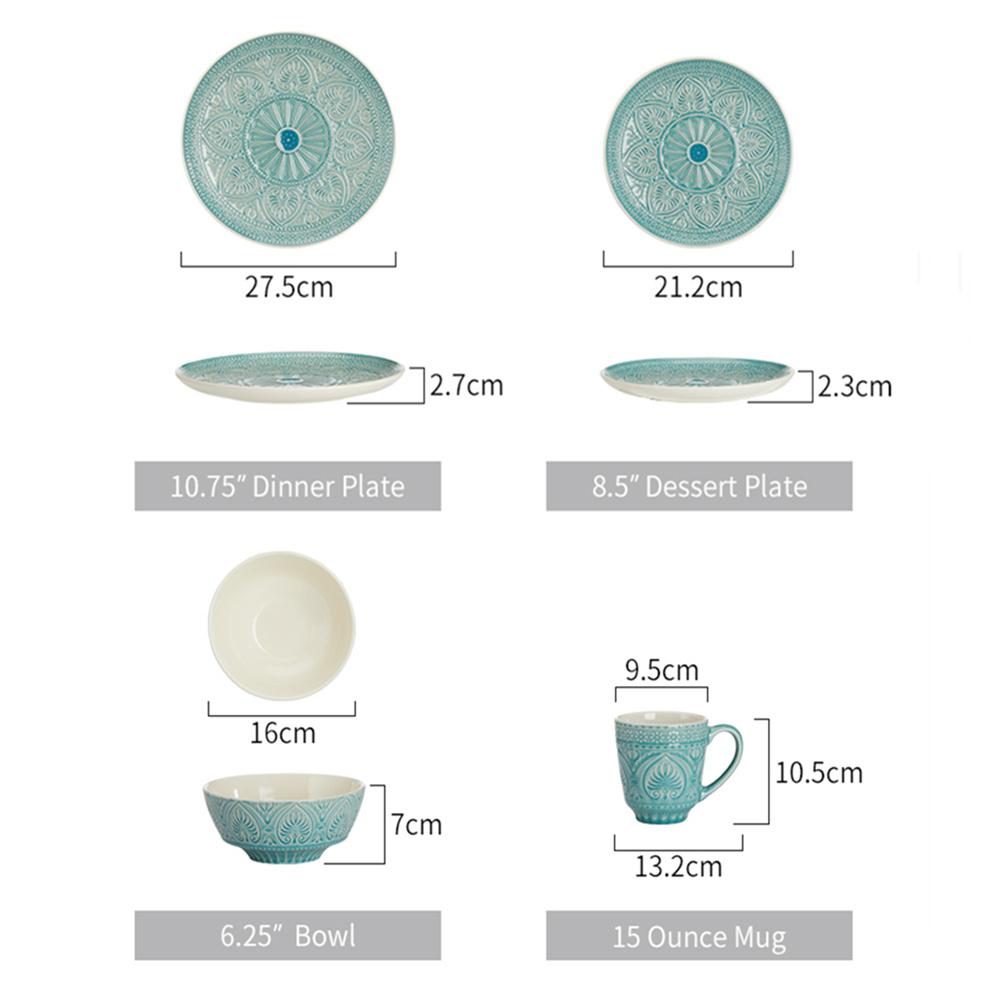 16 pcs Luxury Royal Uae Style Dinnerware Set Relief Fine Ceramic Green Flower Relief Plate And Bowl Dinner Set