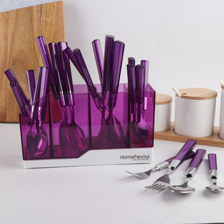 Korean  Purple 24 pcs Cutlery Plastic Handle Stainless Steel Cutlery Set with Cutlery Rack