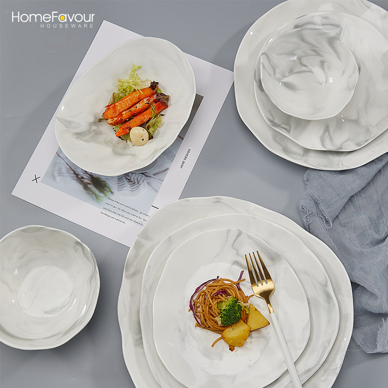 Home Marble Plate Dinnerware Set 20 /72 Pcs Irregular Round Oval Ceramics Tableware Dinner set