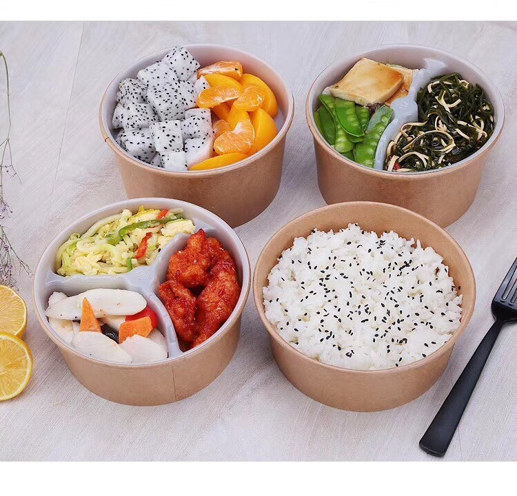 disposable salad bowl with lid kraft paper salad bowl with PET lid, take away pla fruit salad bowl