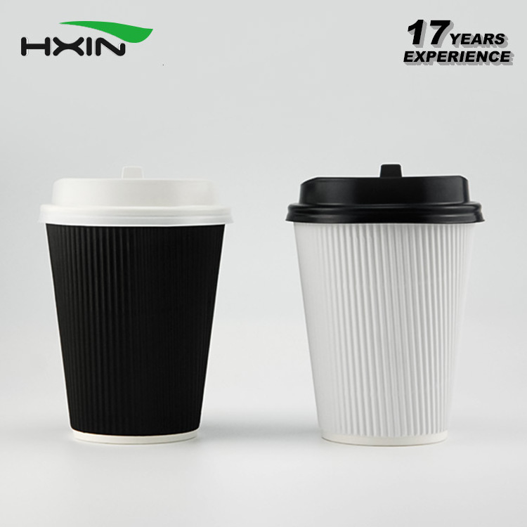 Custom Disposable 8oz/12oz/16oz Paper Cups PLA / PE Coated Ripple white black Double Wall Coffee Paper Cup