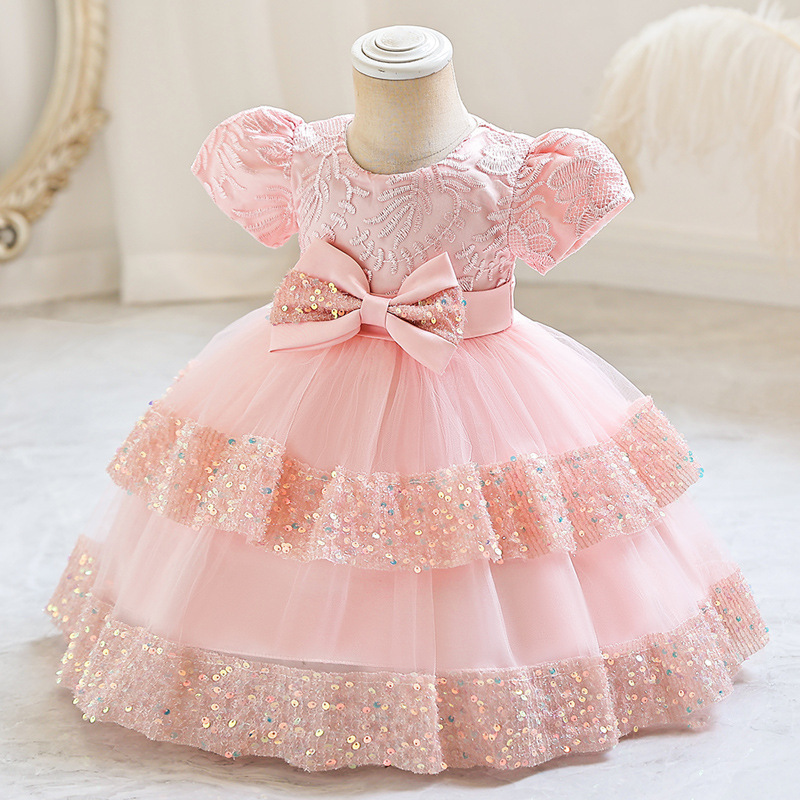 Baby Girls 1st Birthday Party Dress Children Floral Lace Princess Dress Girls Short Sleeve Lace Cake Dresses