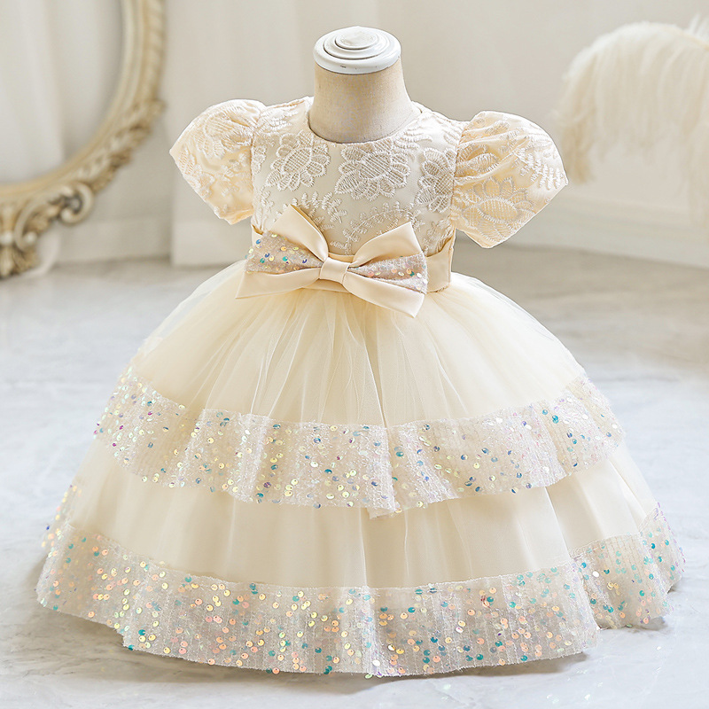 Baby Girls 1st Birthday Party Dress Children Floral Lace Princess Dress Girls Short Sleeve Lace Cake Dresses