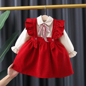 3375 wholesale christmas 1-6Y Toddler Kids Baby Girl fall Dress Ruffles Long Sleeve red Cotton Casual Dresses