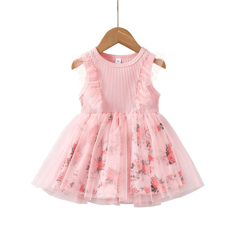 23884 2023 Fashion Toddler Girls Summer Dress Casual Floral Print Mesh Patchwork Ruffle Sleeveless Kids Tutu Sundress