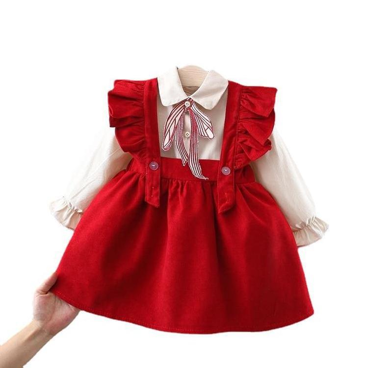 3375 wholesale christmas 1-6Y Toddler Kids Baby Girl fall Dress Ruffles Long Sleeve red Cotton Casual Dresses