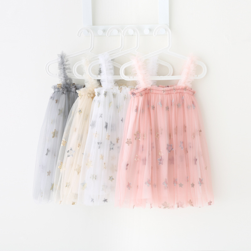 032 Summer Newborn Infant Toddler Clothes Casual Star Sleeveless Square Collar Tulle Girls Baby Dress