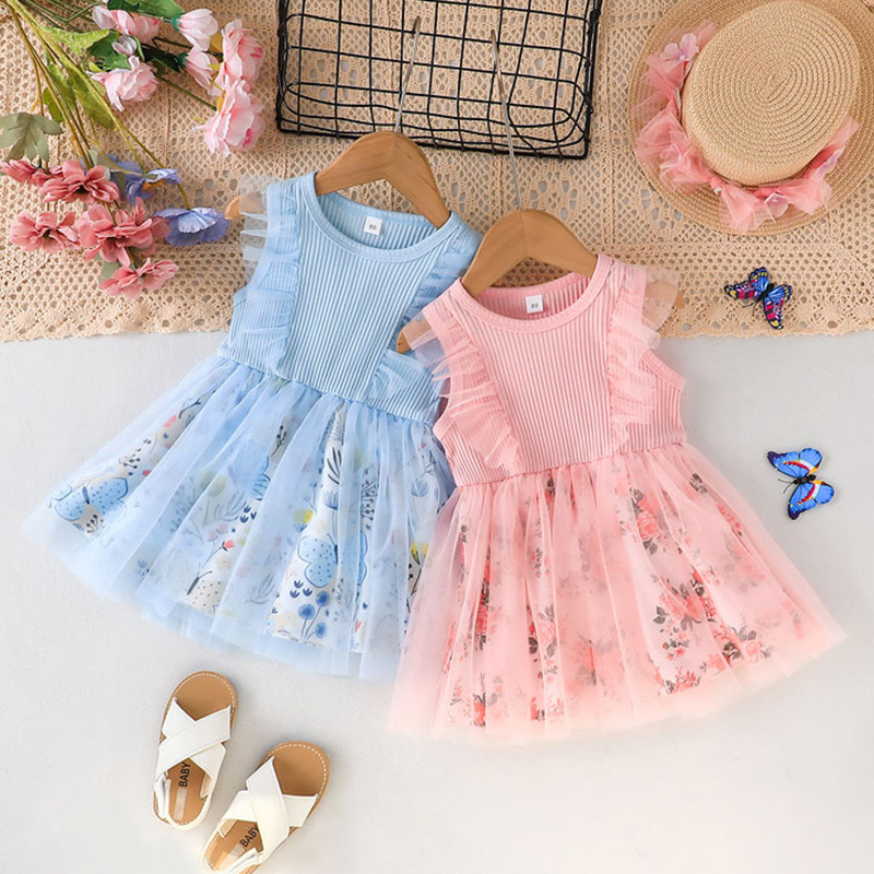 23884 2023 Fashion Toddler Girls Summer Dress Casual Floral Print Mesh Patchwork Ruffle Sleeveless Kids Tutu Sundress