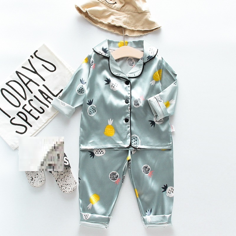 CA41 Fashion Solid Print Long Sleeve Silk Satin Sleepwear Children's Boys Girls Cartoon Kids Pajamas