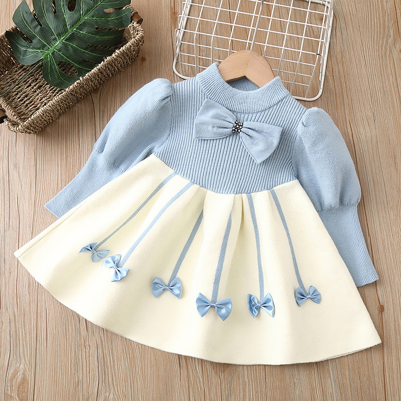 2238 Girls Sweater Dress Children Winter Knit Clothes Long Sleeves Casual Outfits Bow Toddler Princess Party Dresses