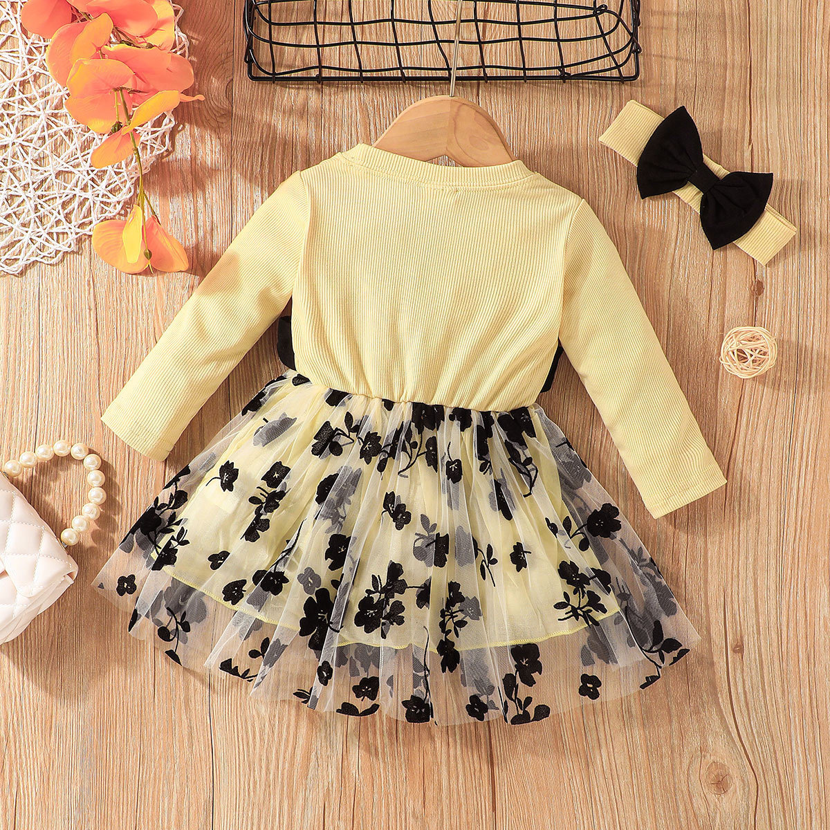 22175A Autumn Latest Kids Party Sweet Tutu Dress Toddler Baby Girl Solid Long Sleeve Cute Butterfly Knot Princess Tutu dress