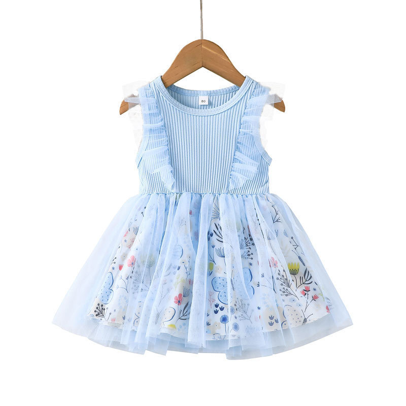 23884 2023 Fashion Toddler Girls Summer Dress Casual Floral Print Mesh Patchwork Ruffle Sleeveless Kids Tutu Sundress