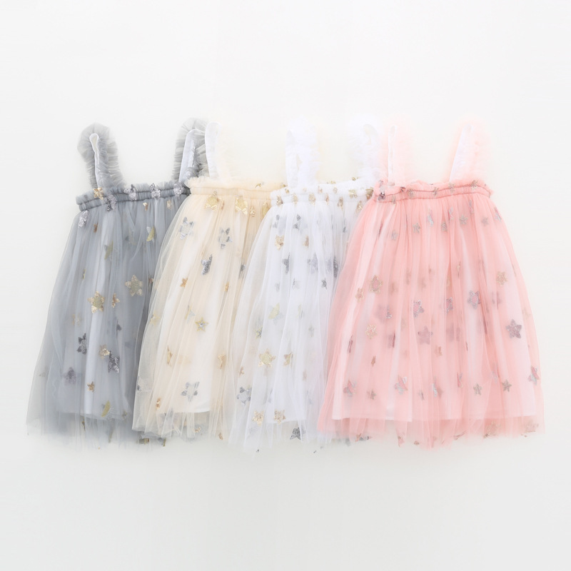 032 Summer Newborn Infant Toddler Clothes Casual Star Sleeveless Square Collar Tulle Girls Baby Dress