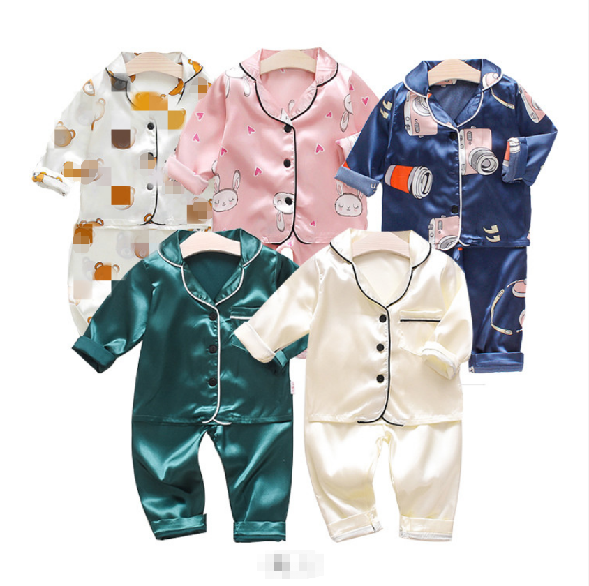 CA41 Fashion Solid Print Long Sleeve Silk Satin Sleepwear Children's Boys Girls Cartoon Kids Pajamas