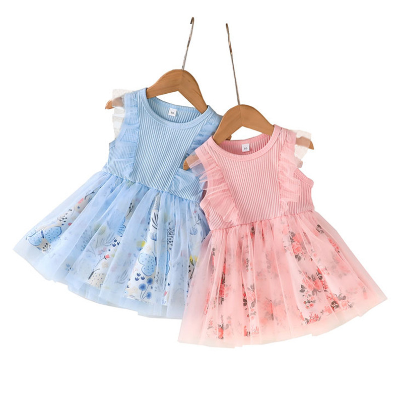 23884 2023 Fashion Toddler Girls Summer Dress Casual Floral Print Mesh Patchwork Ruffle Sleeveless Kids Tutu Sundress