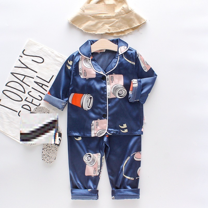 CA41 Fashion Solid Print Long Sleeve Silk Satin Sleepwear Children's Boys Girls Cartoon Kids Pajamas