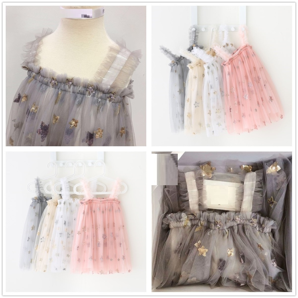 032 Summer Newborn Infant Toddler Clothes Casual Star Sleeveless Square Collar Tulle Girls Baby Dress