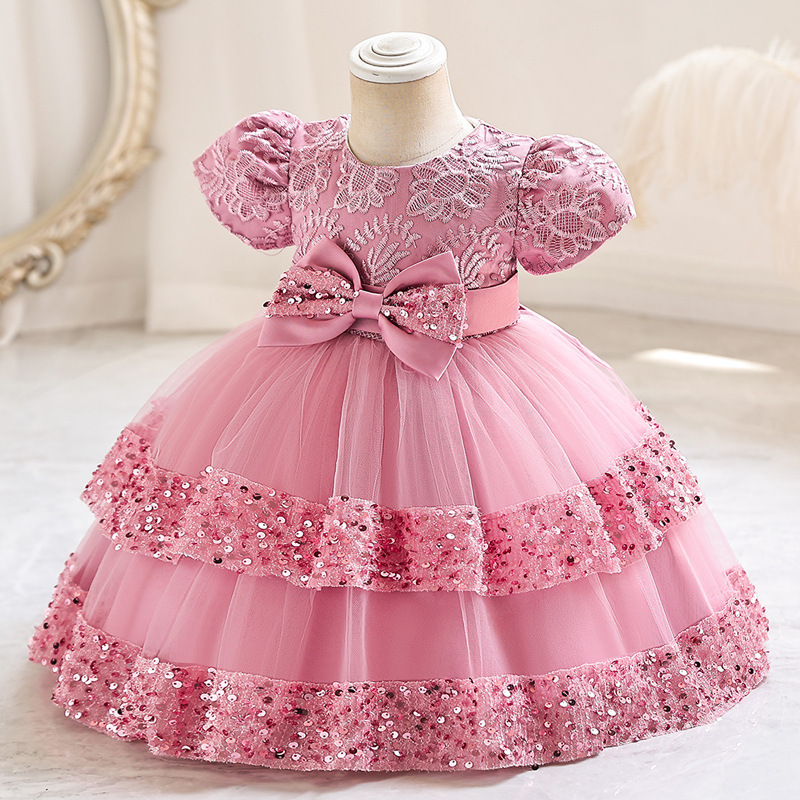 Baby Girls 1st Birthday Party Dress Children Floral Lace Princess Dress Girls Short Sleeve Lace Cake Dresses