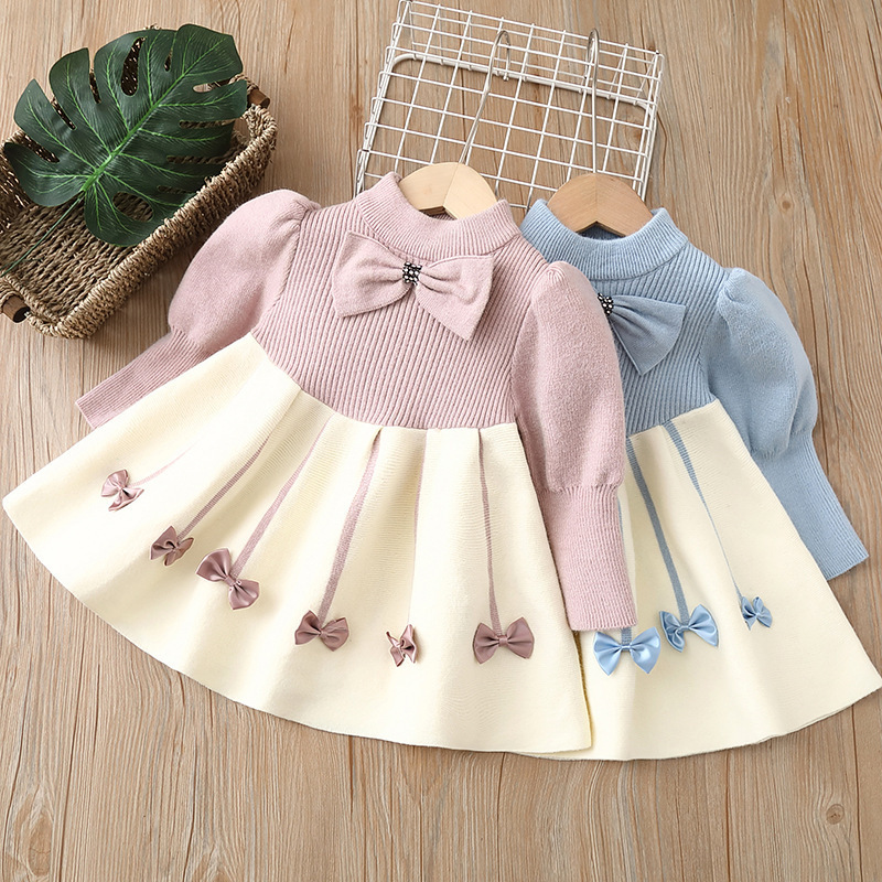 2238 Girls Sweater Dress Children Winter Knit Clothes Long Sleeves Casual Outfits Bow Toddler Princess Party Dresses