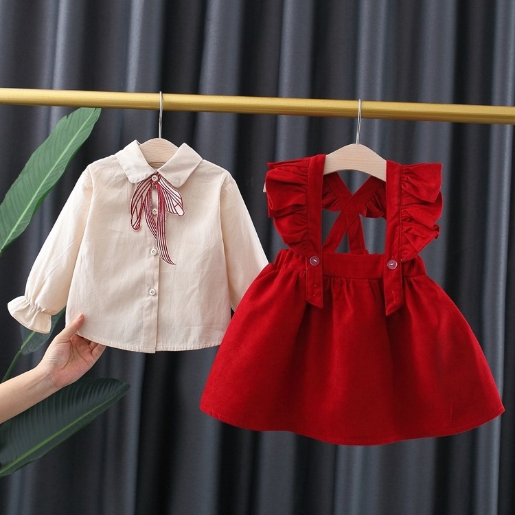 3375 wholesale christmas 1-6Y Toddler Kids Baby Girl fall Dress Ruffles Long Sleeve red Cotton Casual Dresses