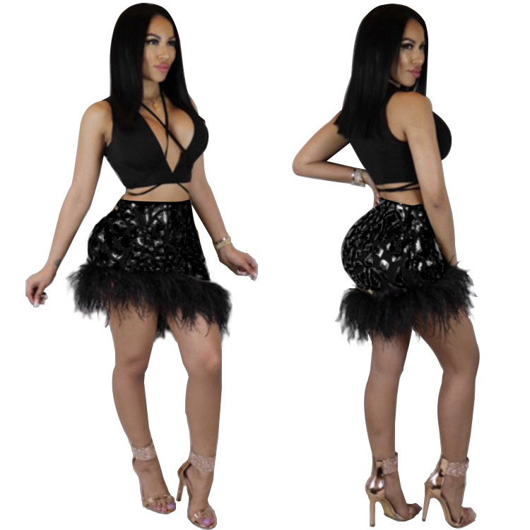 2022 Spring Sequins Ostrich feather Sleeveless Strings 2 Piece Skirt Set Party Wear Club Dresses For Women